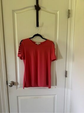Michael Kors Coral Short Sleeve Top with Ladder Sleeve Accents